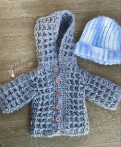 Crochet projects to get ready for baby: cardigan sweater and stocking hat.