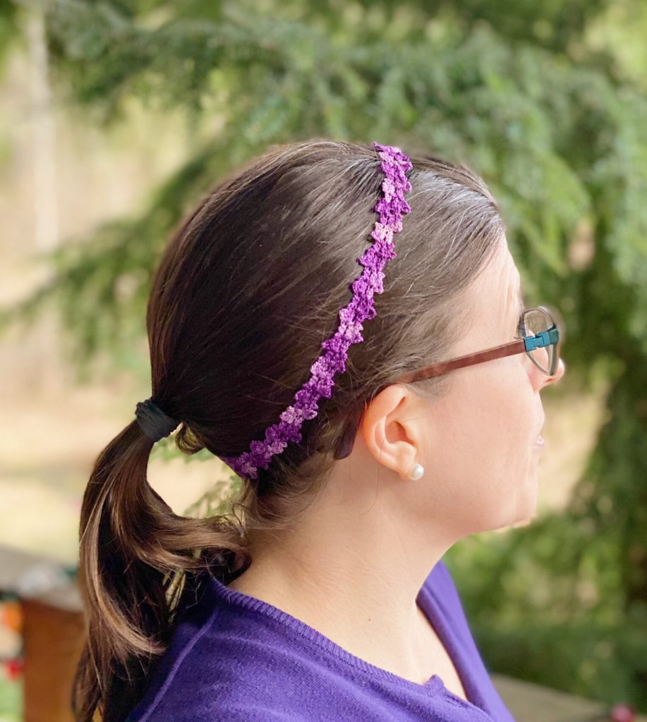 Me wearing my purple crochet headband made from crochet edging pattern.
