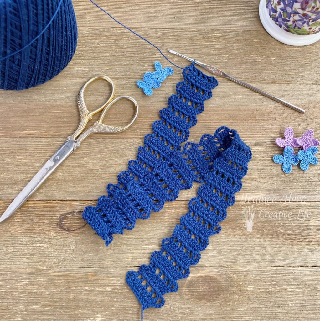 Navy blue crochet edging, ready to become a crochet headband.