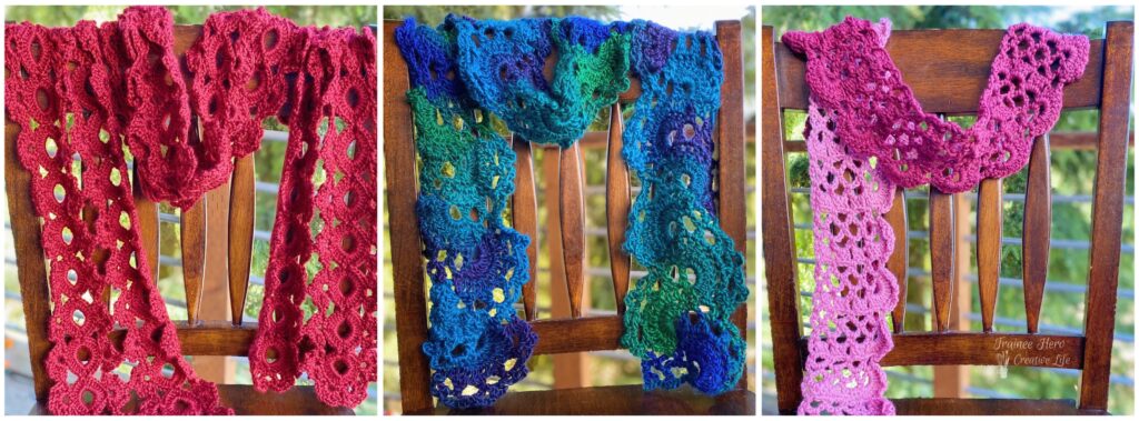 Three crochet edging pattern scarves draped over chairs.