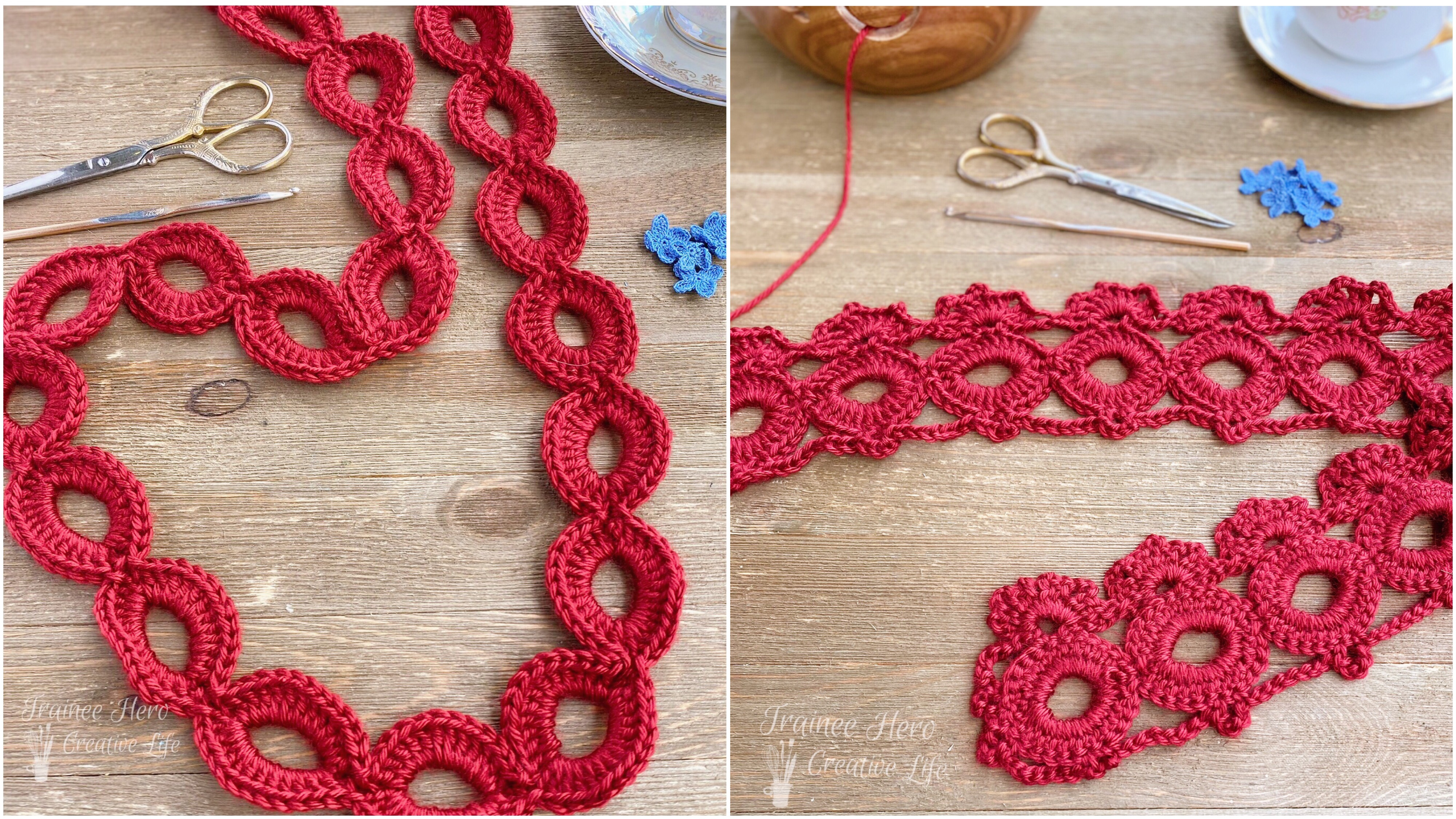 Two pictures showing steps of crocheting the Poppy Fields Scarf 