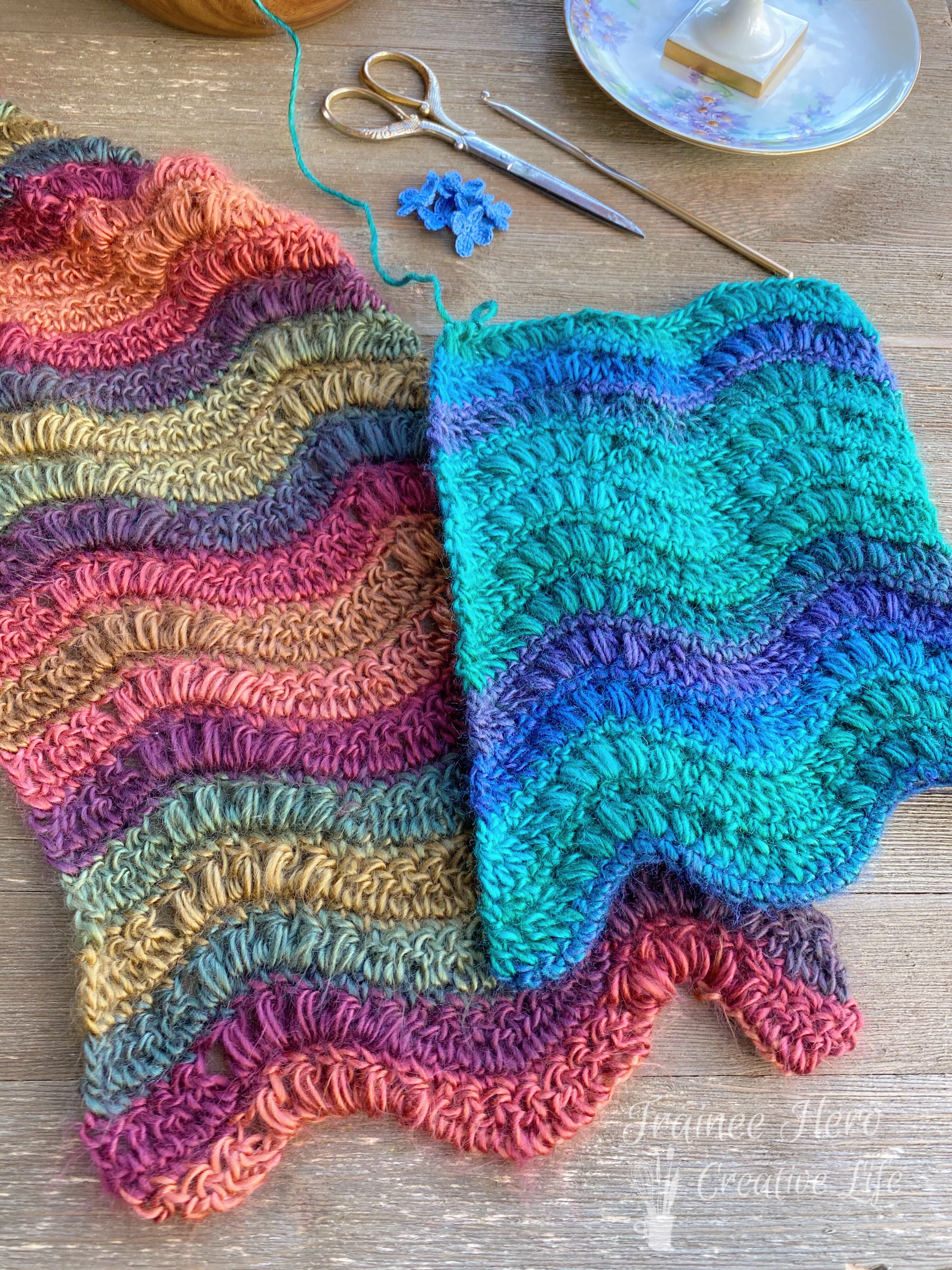 two swatches of the puffed wave crochet scarf to show differences made by two different hook sizes.