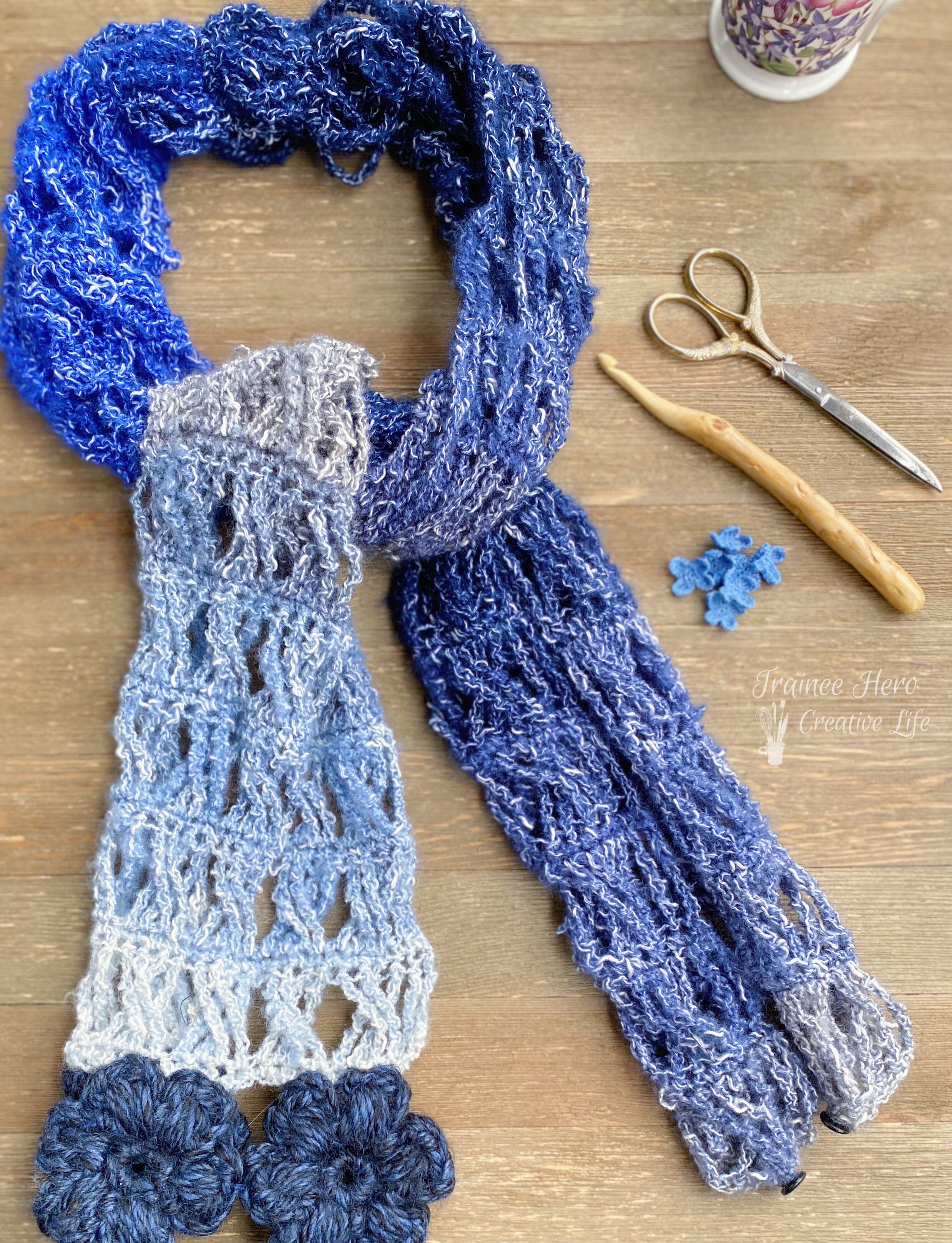 The convertible crochet scarf tied like a long scarf